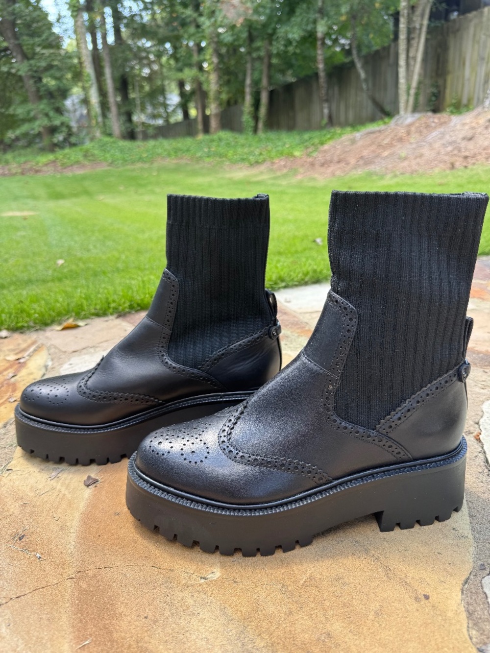 Sam Edelman Elly Black Leather Lug-Sole Sock Boots Size 8.5